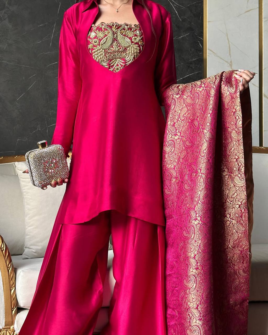 Regal Pink Peacock-Embellished Gala Suit